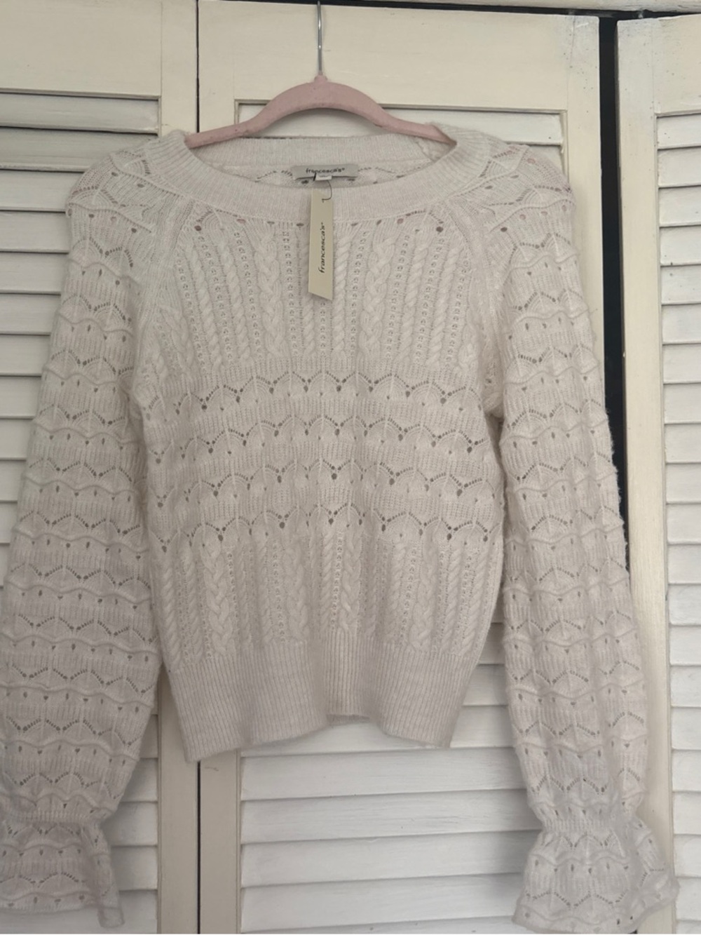Francesca's Collections Cream Pointelle Crewneck Sweater
